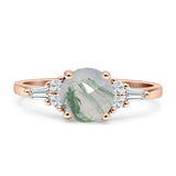 Round Natural Green Moss Agate Vintage Style Ring Baguette 925 Sterling Silver