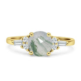 Round Natural Green Moss Agate Vintage Style Ring Baguette 925 Sterling Silver