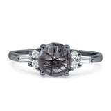 Round Natural Rutilated Quartz Vintage Style Ring Baguette 925 Sterling Silver