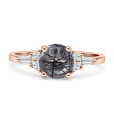 Round Natural Rutilated Quartz Vintage Style Ring Baguette 925 Sterling Silver