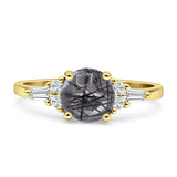 Round Natural Rutilated Quartz Vintage Style Ring Baguette 925 Sterling Silver