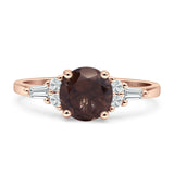 Round Natural Chocolate Smoky Quartz Vintage Style Ring Baguette 925 Sterling Silver