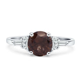 Round Natural Chocolate Smoky Quartz Vintage Style Ring Baguette 925 Sterling Silver