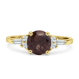 Round Natural Chocolate Smoky Quartz Vintage Style Ring Baguette 925 Sterling Silver