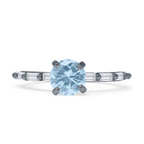 Solitaire Baguette Round Natural Aquamarine Engagement Ring 925 Sterling Silver