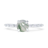 Solitaire Baguette Round Natural Green Moss Agate Engagement Ring 925 Sterling Silver