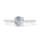 Solitaire Baguette Round Natural Moonstone Engagement Ring 925 Sterling Silver