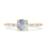 Solitaire Baguette Round Natural Moonstone Engagement Ring 925 Sterling Silver