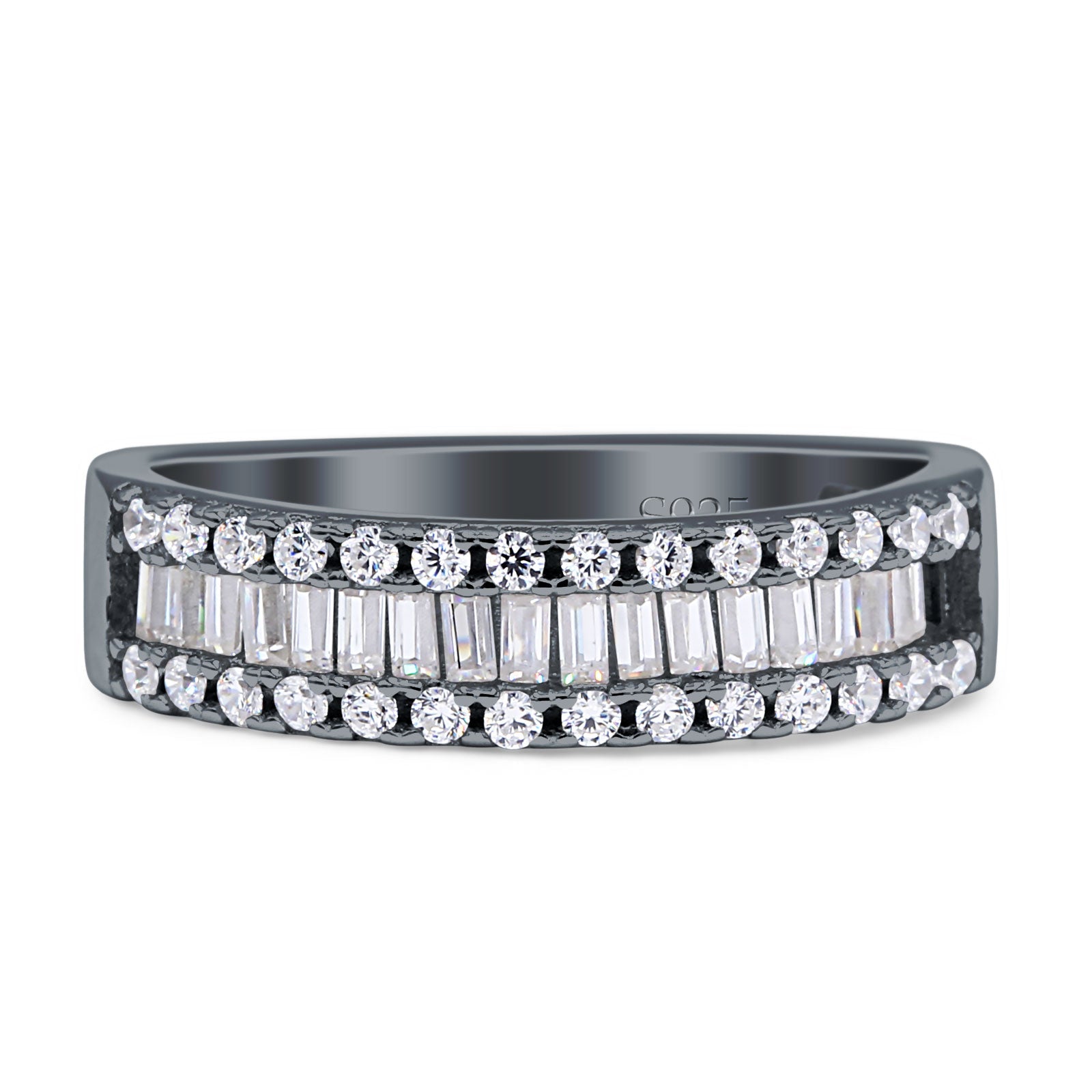 Half Eternity Ring Three Row Baguette Cubic Zirconia 925 Sterling Silver