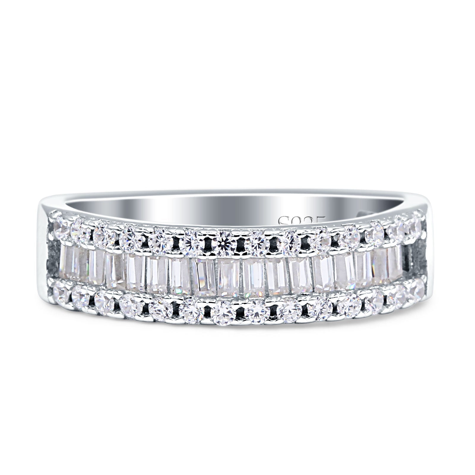 Half Eternity Ring Three Row Baguette Cubic Zirconia 925 Sterling Silver