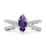 Marquise Natural Amethyst Split Shank X Ring 925 Sterling Silver