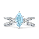 Marquise Natural Aquamarine Split Shank X Ring 925 Sterling Silver