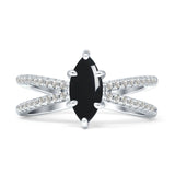 Marquise Natural Black Onyx Split Shank X Ring 925 Sterling Silver