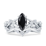 Marquise Split Shank Vintage Style Cubic Zirconia Leaf Floral Ring 925 Sterling Silver