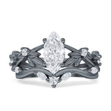 Marquise Split Shank Vintage Style Cubic Zirconia Leaf Floral Ring 925 Sterling Silver