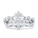 Marquise Split Shank Vintage Style Cubic Zirconia Leaf Floral Ring 925 Sterling Silver