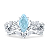 Marquise Natural Aquamarine Split Shank Vintage Style Leaf Floral Ring 925 Sterling Silver