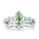 Marquise Natural Green Amethyst Prasiolite Split Shank Vintage Style Leaf Floral Ring 925 Sterling Silver