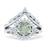 Two Piece Round Natural Green Amethyst Prasiolite Halo Bridal Ring 925 Sterling Silver
