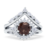 Two Piece Round Natural Chocolate Smoky Quartz Halo Bridal Ring 925 Sterling Silver