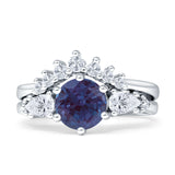 Two Piece Round Lab Alexandrite Vintage Style Bridal Engagement Ring 925 Sterling Silver