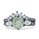 Two Piece Round Natural Green Amethyst Prasiolite Vintage Style Bridal Engagement Ring 925 Sterling Silver