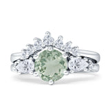Two Piece Round Natural Green Amethyst Prasiolite Vintage Style Bridal Engagement Ring 925 Sterling Silver