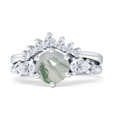 Two Piece Round Natural Green Moss Agate Vintage Style Bridal Engagement Ring 925 Sterling Silver