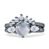 Two Piece Round Natural Moonstone Vintage Style Bridal Engagement Ring 925 Sterling Silver