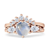 Two Piece Round Natural Moonstone Vintage Style Bridal Engagement Ring 925 Sterling Silver