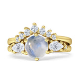 Two Piece Round Natural Moonstone Vintage Style Bridal Engagement Ring 925 Sterling Silver