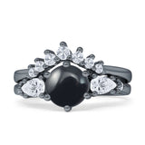 Two Piece Round Natural Black Onyx Vintage Style Bridal Engagement Ring 925 Sterling Silver