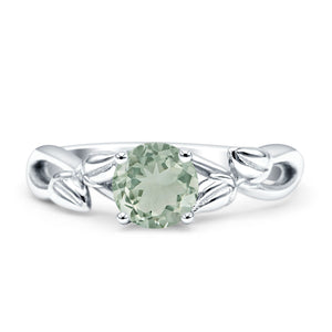 Budding Willow Solitaire Ring Round Natural Green Amethyst Prasiolite 925 Sterling Silver