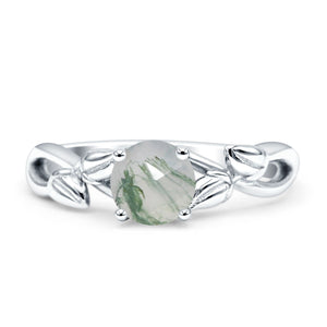 Budding Willow Solitaire Ring Round Natural Green Moss Agate 925 Sterling Silver