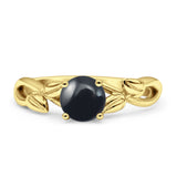 Budding Willow Solitaire Ring Round Natural Black Onyx 925 Sterling Silver