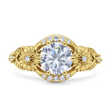 Art Deco Ring Sunflower Design Round Cubic Zirconia 925 Sterling Silver