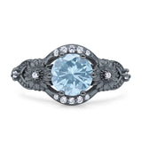 Two Sunflower Design Round Natural Aquamarine Ring 925 Sterling Silver