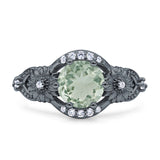 Two Sunflower Design Round Natural Green Amethyst Prasiolite Ring 925 Sterling Silver