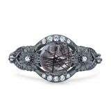 Two Sunflower Design Round Natural Rutilated Quartz Ring 925 Sterling Silver