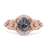 Two Sunflower Design Round Natural Rutilated Quartz Ring 925 Sterling Silver