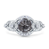 Two Sunflower Design Round Natural Rutilated Quartz Ring 925 Sterling Silver