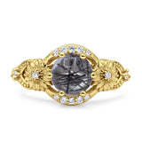 Two Sunflower Design Round Natural Rutilated Quartz Ring 925 Sterling Silver