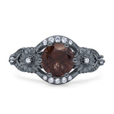Two Sunflower Design Round Natural Chocolate Smokey Quartz Ring 925 Sterling Silver