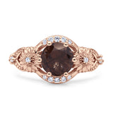 Two Sunflower Design Round Natural Chocolate Smokey Quartz Ring 925 Sterling Silver