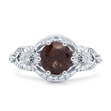 Two Sunflower Design Round Natural Chocolate Smokey Quartz Ring 925 Sterling Silver