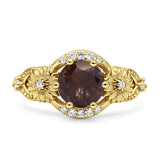 Two Sunflower Design Round Natural Chocolate Smokey Quartz Ring 925 Sterling Silver