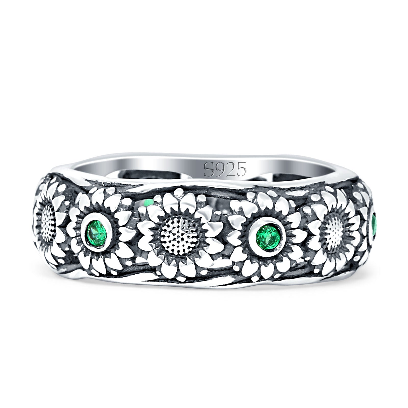 925 Sterling Silver Sunflower Ring Oxidized Cubic Zirconia