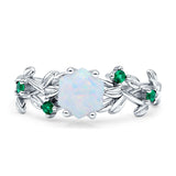 Tree Leaf Green Emerald CZ Hexagonal Created White Opal Ring 925 Sterling Silver