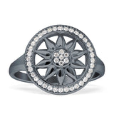 Floral Round Sunflower Compass Ring Halo Cubic Zirconia 925 Sterling Silver