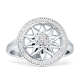 Floral Round Sunflower Compass Ring Halo Cubic Zirconia 925 Sterling Silver